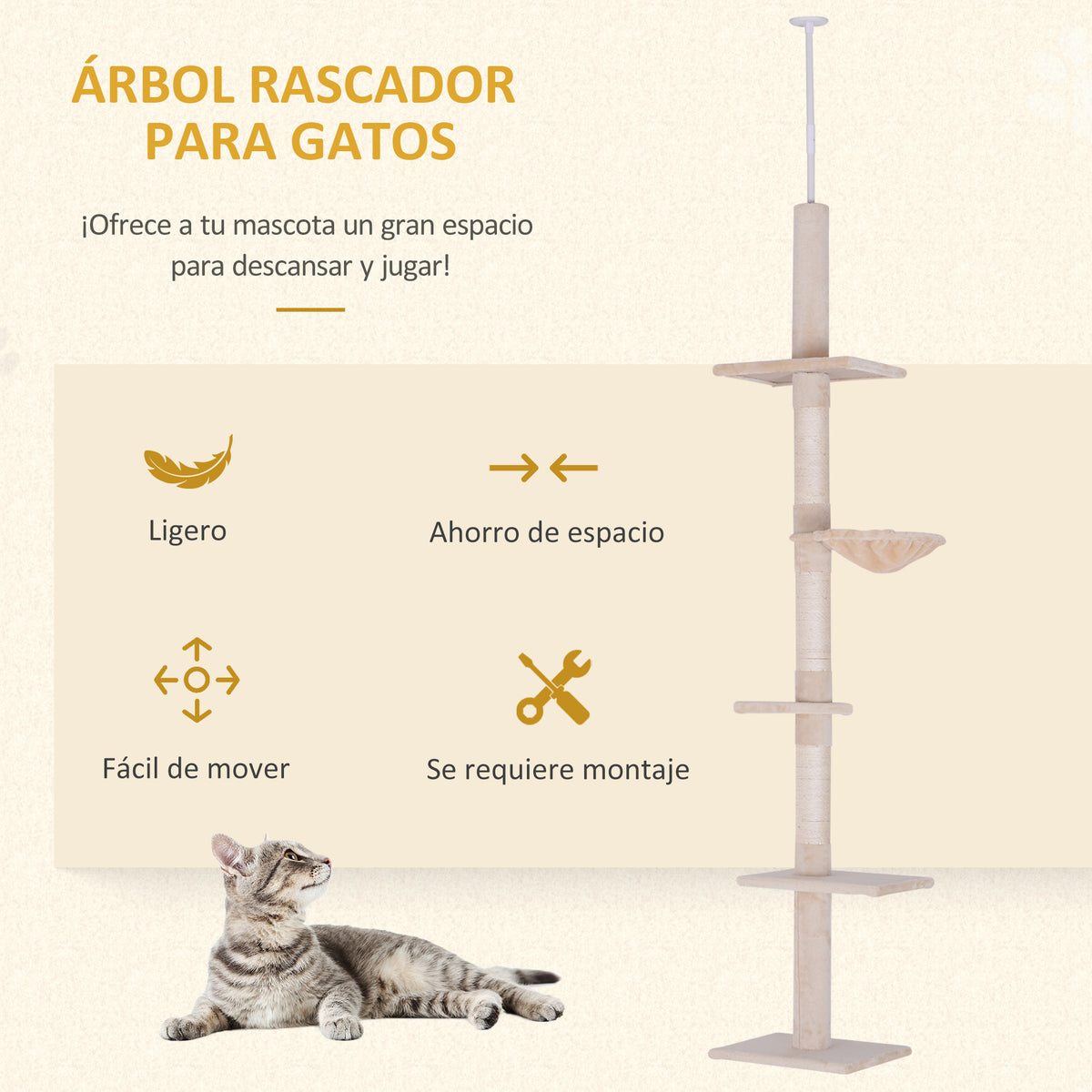 Pawhut Árbol Para Gatos De Suelo A Techo De 230-260 Cm Con Plataformas Beige_3