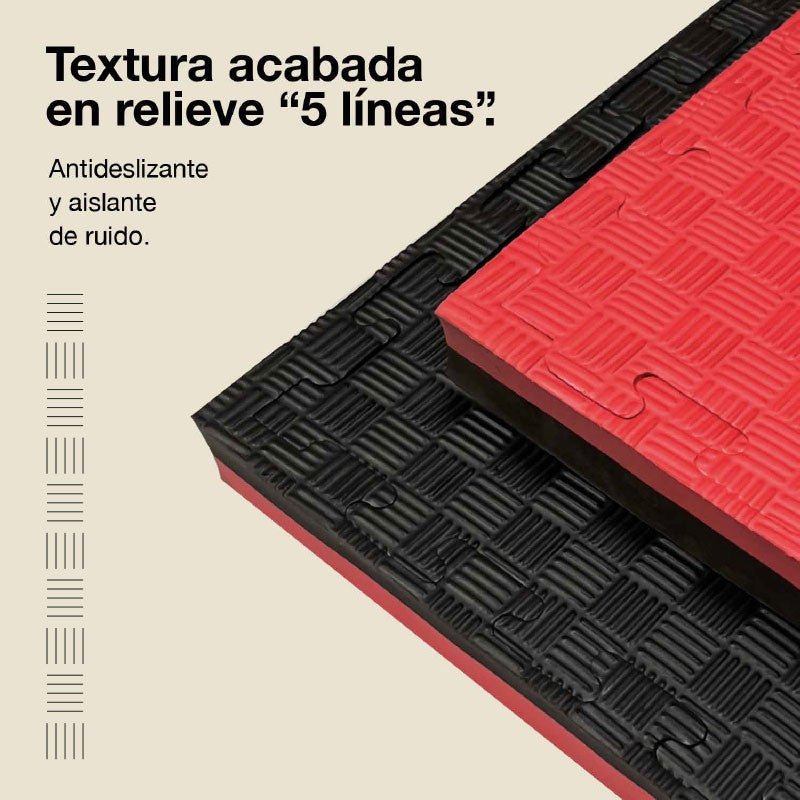 Tatami Puzzle 4cm 100x100cm, Pack 4 Unidades – Superficie 5 Líneas Negro/rojo Jowy_3
