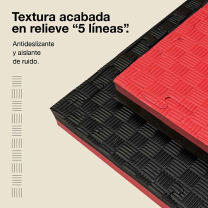 Tatami Puzzle 4cm 100x100cm, Pack 4 Unidades – Superficie 5 Líneas Negro/rojo Jowy_3