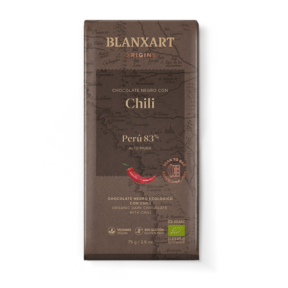 Chocolate Perú 83% con chili Eco Vegano Sin gluten Blanxart 75g