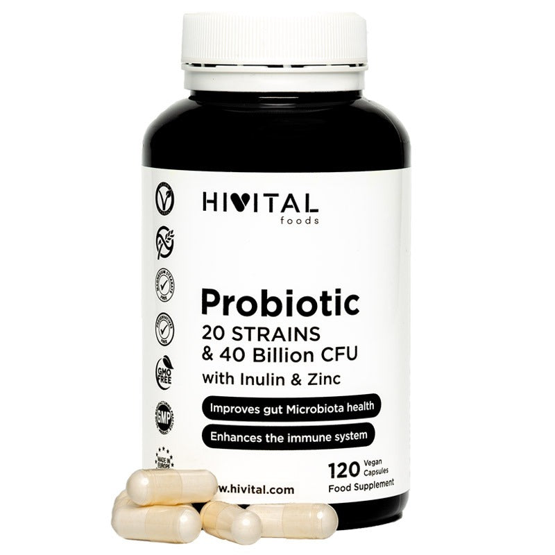 Probiótico 20 cepas 40 mil millones de UFC con Inulina y Zinc Hivital 120 cápsulas veganas