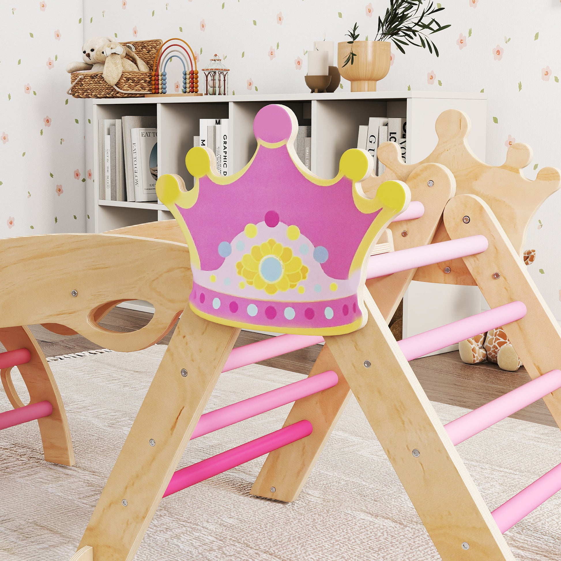 Aiyaplay 8 En 1 Triángulo De Escalada De Madera Montessori Con Arco Y Rampa Rosa_4