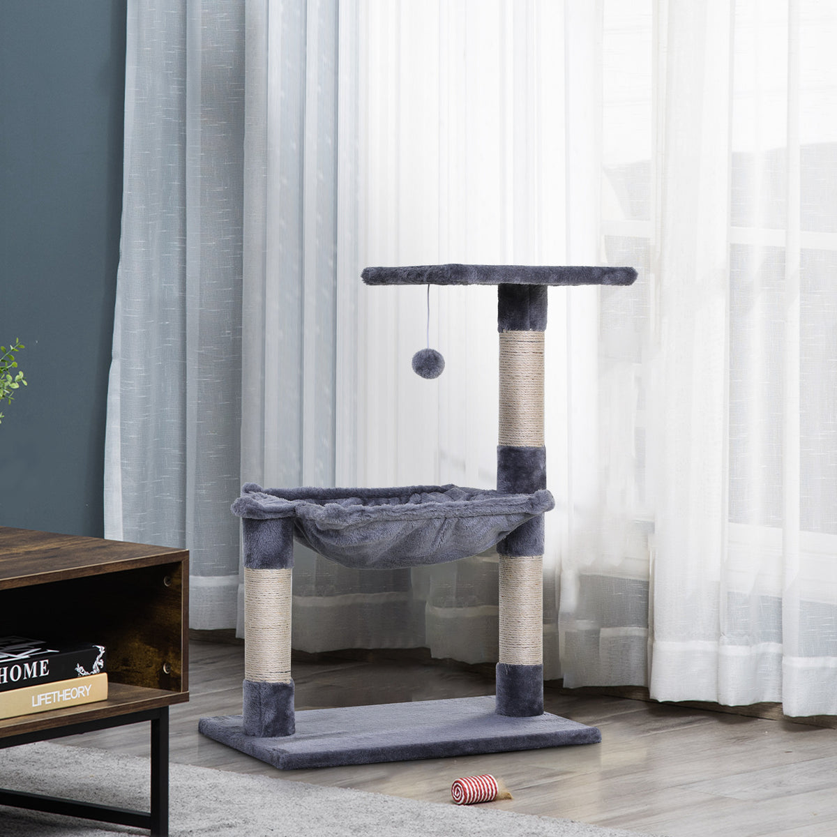 Pawhut Árbol Rascador Para Gatos 50x36x70 Cm Con Hamaca Plataforma Bola Gris_1