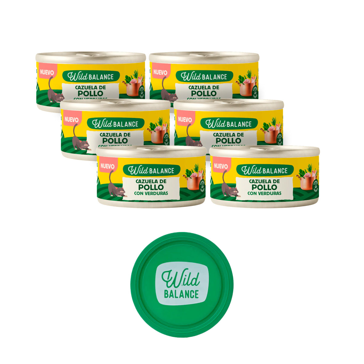 Pack 6x Cazuela de pollo para gatos 80 g + Regalo: Tapa reutilizable para latas, Wild Balance