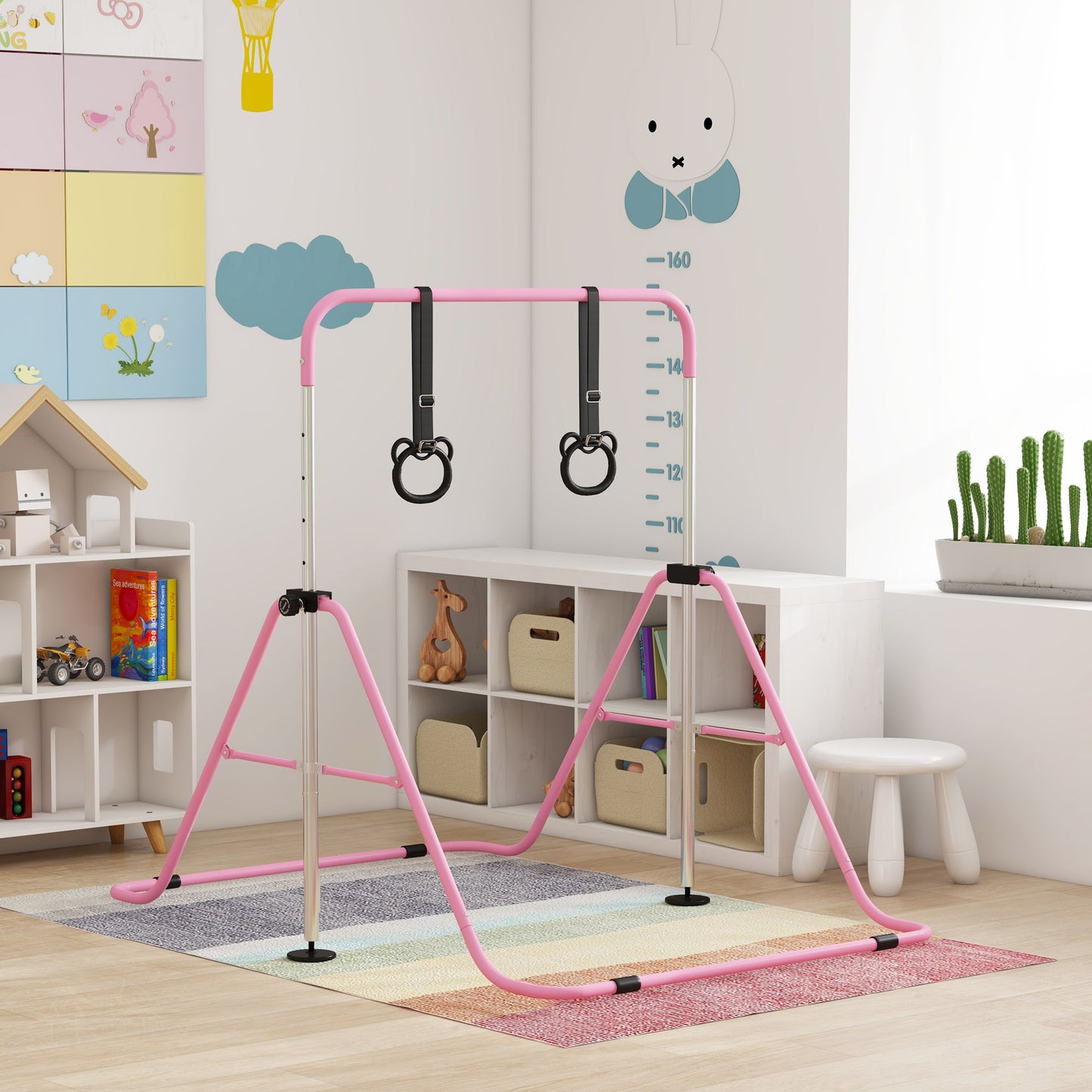 Homcom Barra De Gimnasia Para Niños Con Altura Ajustable En 5 Niveles Y Anillos_1
