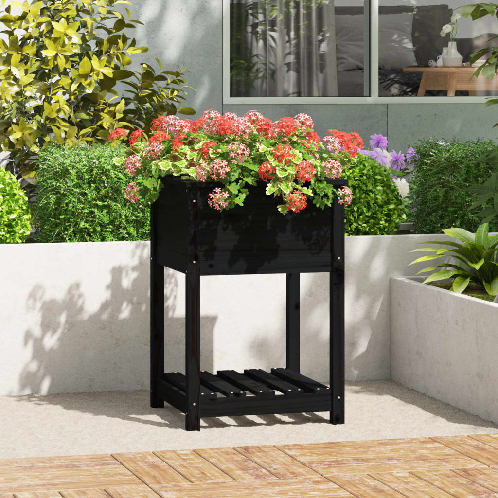 Jardinera Con Estante Madera Maciza De Pino Negro 54x54x81 Cm_1