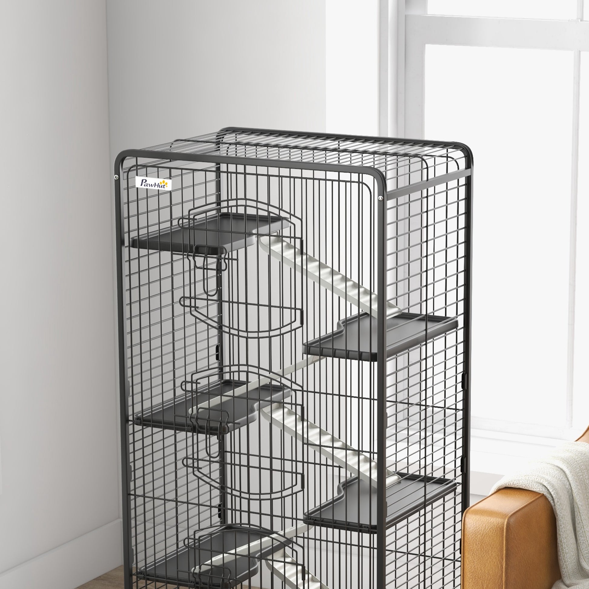 Pawhut Jaula Para Animales Pequeños De 6 Niveles Con Ruedas 61,5x44x131 Cm Negro_3