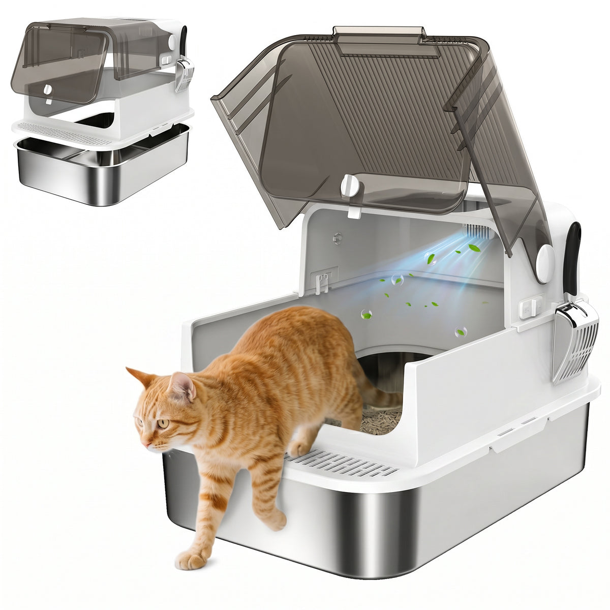 Pawhut Arenero Para Gatos De Acero Inoxidable Xxl Tapa Abatible Blanco_0