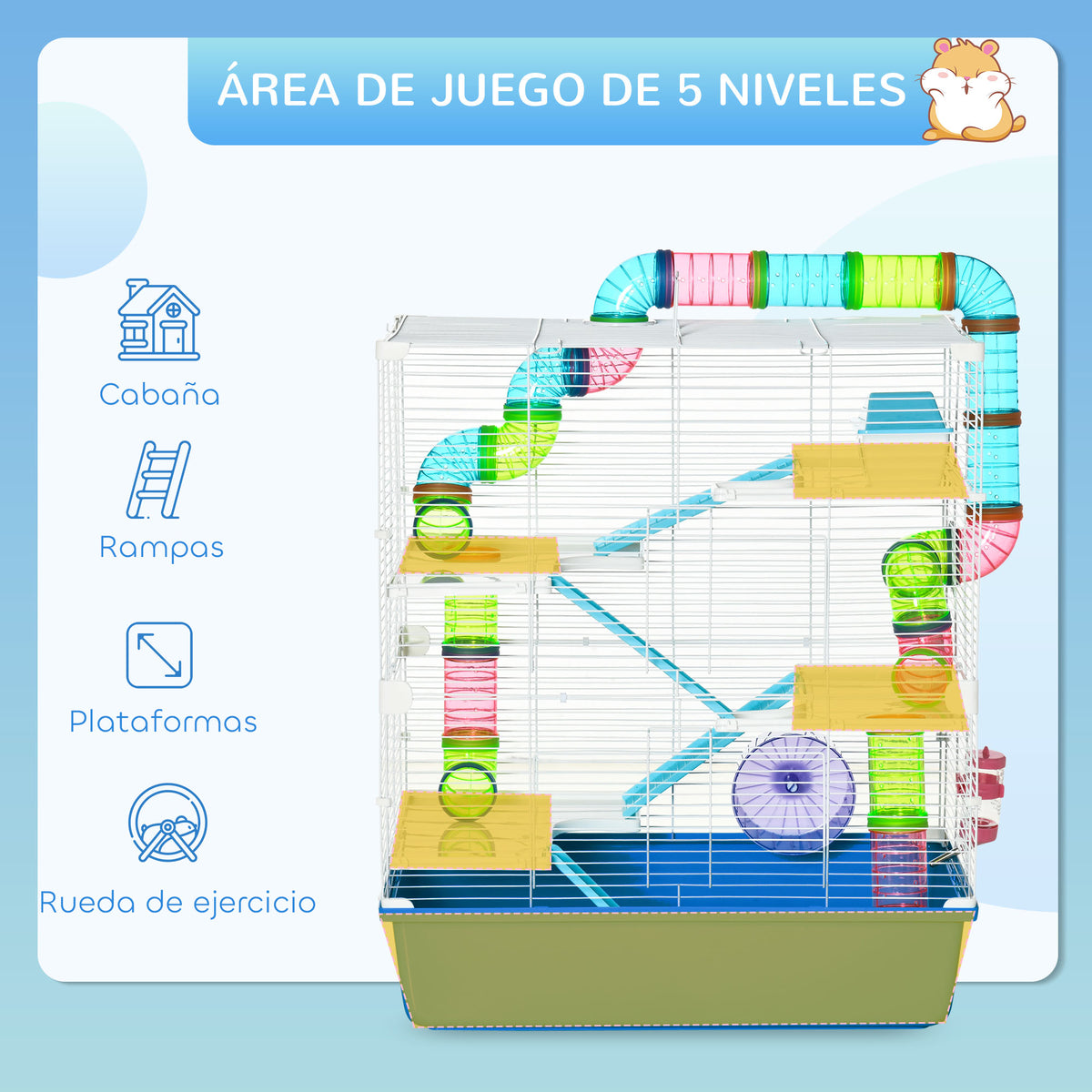 Pawhut Jaula Para Hámster 59x36x69cm Con 4 Plataformas Túnel Comedero Azul_5