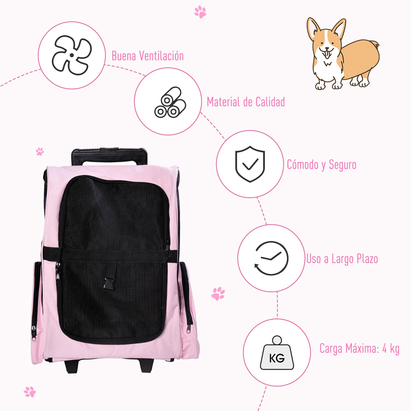 Pawhut Transportín 2 En 1 Para Mascotas Carrito Mochila Ruedas 42x25x55 Cm Rosa_5