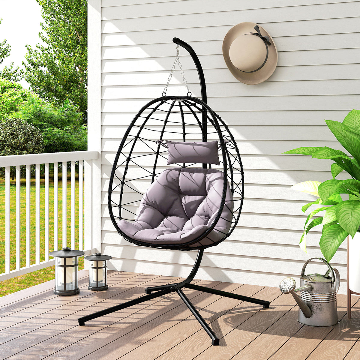 Outsunny Silla Colgante Huevo Con Soporte Con Cesta Plegable Cojín Gris_4