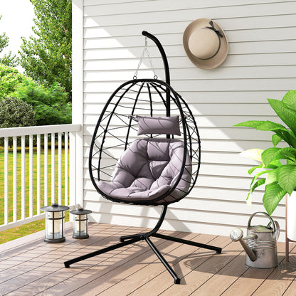 Outsunny Silla Colgante Huevo Con Soporte Con Cesta Plegable Cojín Gris_4
