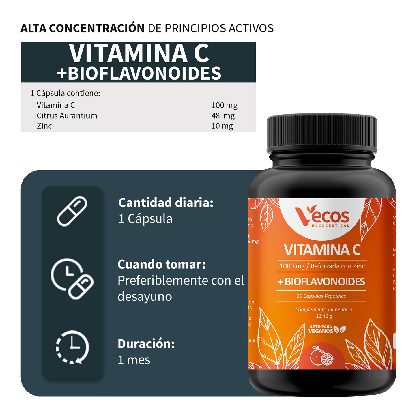 Vitamina C 1000 Mg + Zinc Vecos 30 Cápsulas | Defensas Y Sistema Inmune | Con Bioflavonoides_2