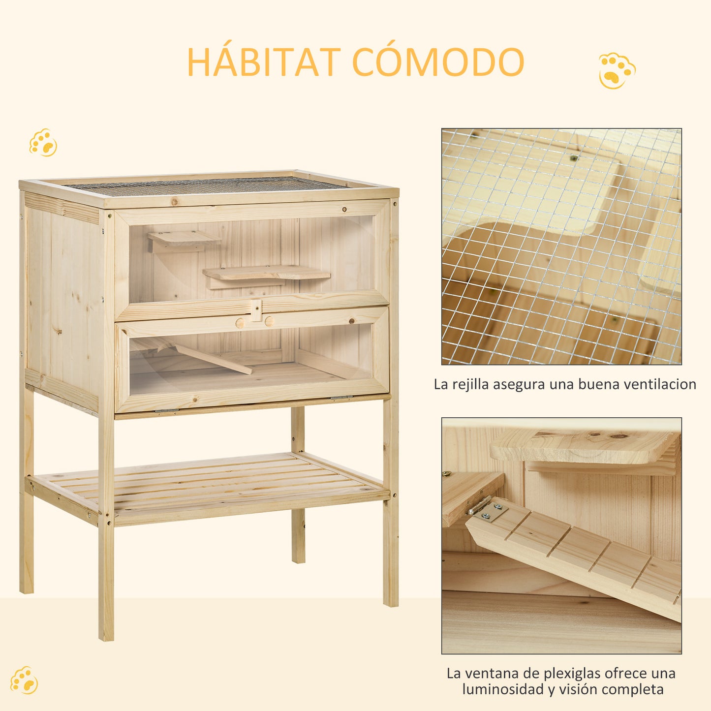 Pawhut Jaula De Madera Para Hámster Con Rampa Techo Abatible Estante Inferior_5
