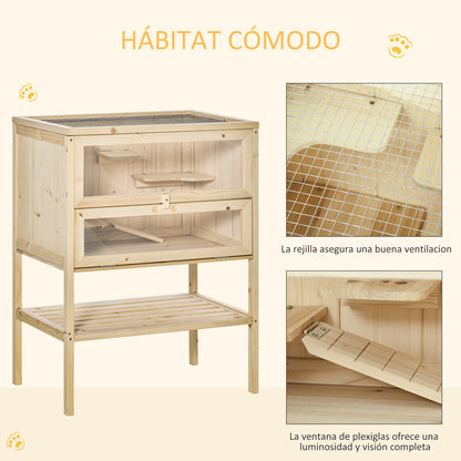 Pawhut Jaula De Madera Para Hámster Con Rampa Techo Abatible Estante Inferior_5