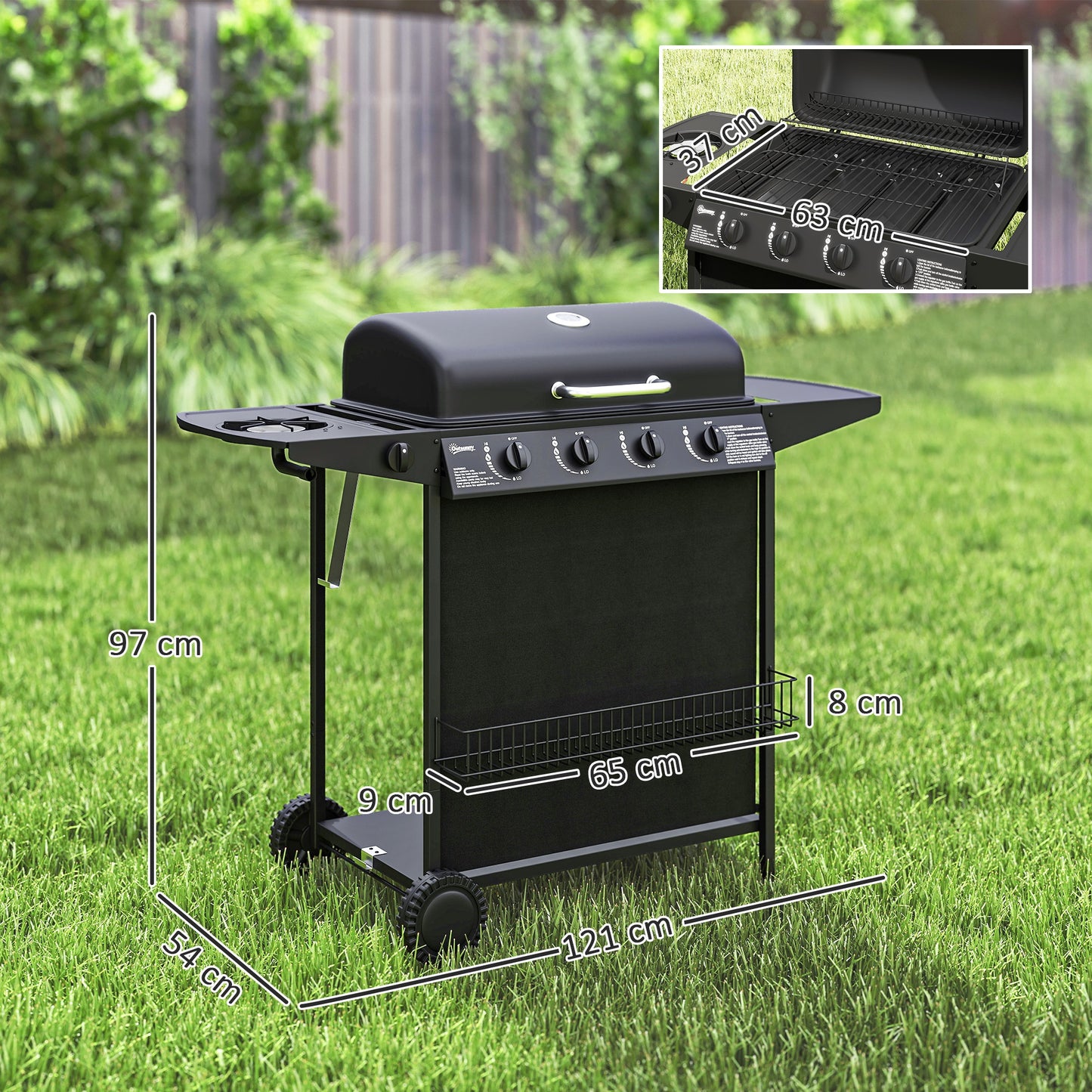 Outsunny Barbacoa De Gas Con 4+1 Quemadores 12 Kw Termómetro Mesa Lateral Negro_2