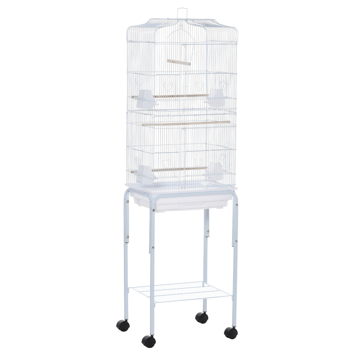 Pawhut Jaula Para Pájaros Con Soporte 4 Ruedas Y Comederos 46,5x36x157 Cm Blanco_0