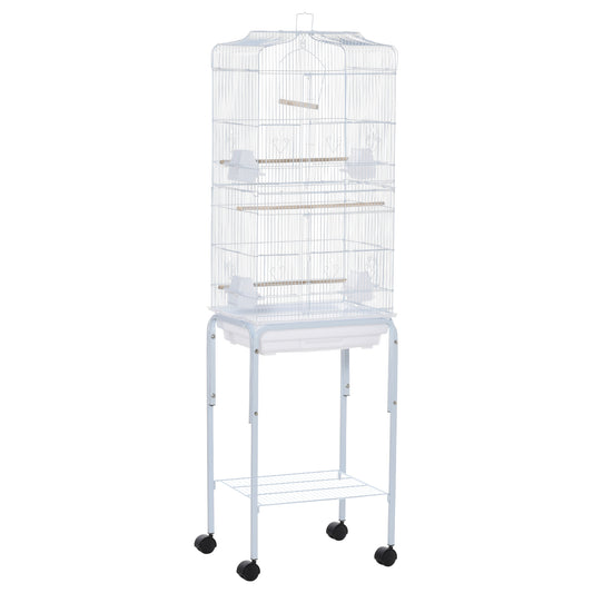 Pawhut Jaula Para Pájaros Con Soporte 4 Ruedas Y Comederos 46,5x36x157 Cm Blanco_0