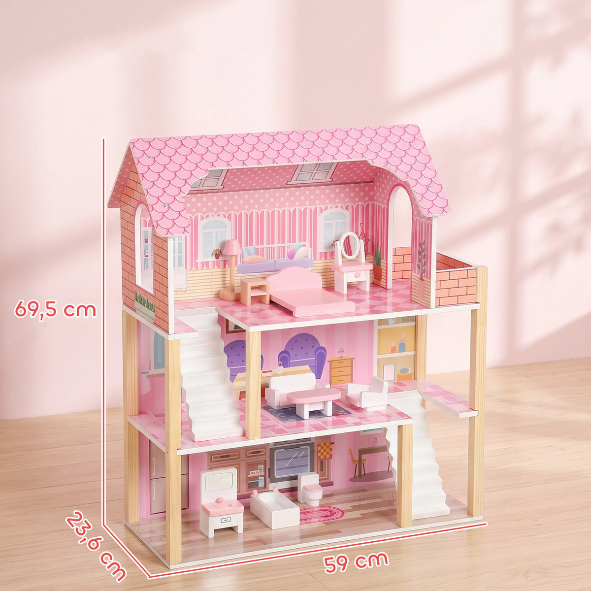Aiyaplay Casa De Muñecas De Madera 3 Pisos Con Balcón Escaleras 10 Muebles Rosa_2