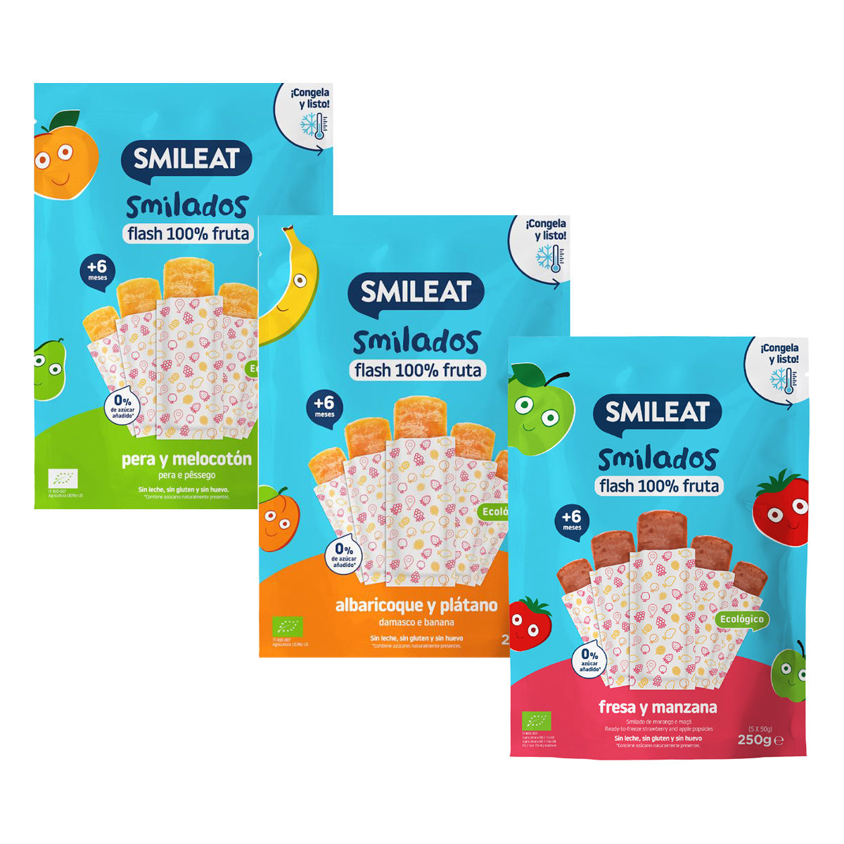Pack Mix SMILADOS helados flash infantiles 100% fruta BIO Smileat 3 uds de 250 g
