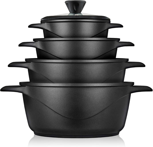 Briebe Batería De Cocina Inducción 8 Piezas Aluminio Fundido 4 Ollas Con Tapa De Cristal Antiadherente, Mgk12s, Negro_0