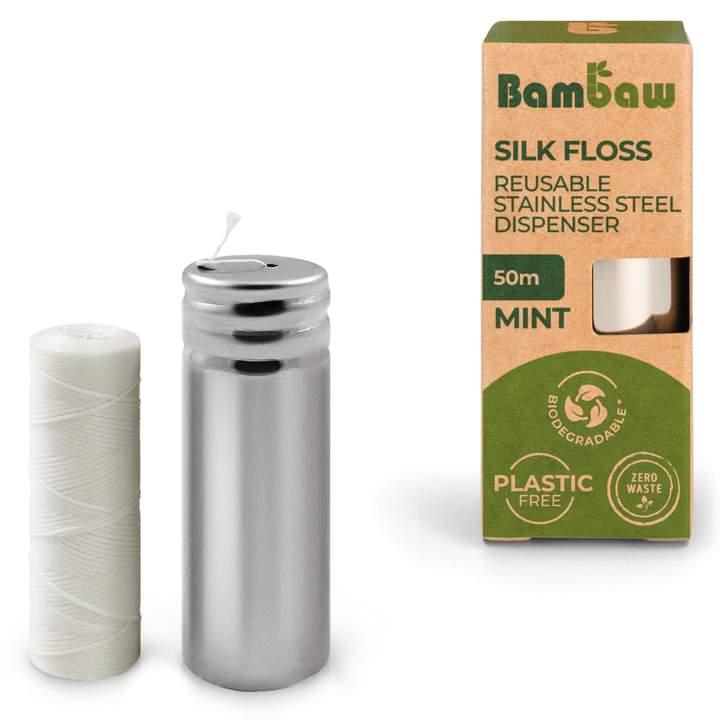 Hilo dental Seda 50 metros  y dispensador acero bambaw