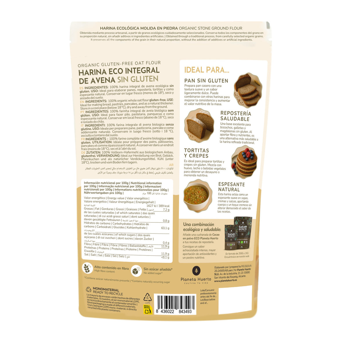 Harina Integral de Avena Sin Gluten Eco Planeta Huerto 800 g