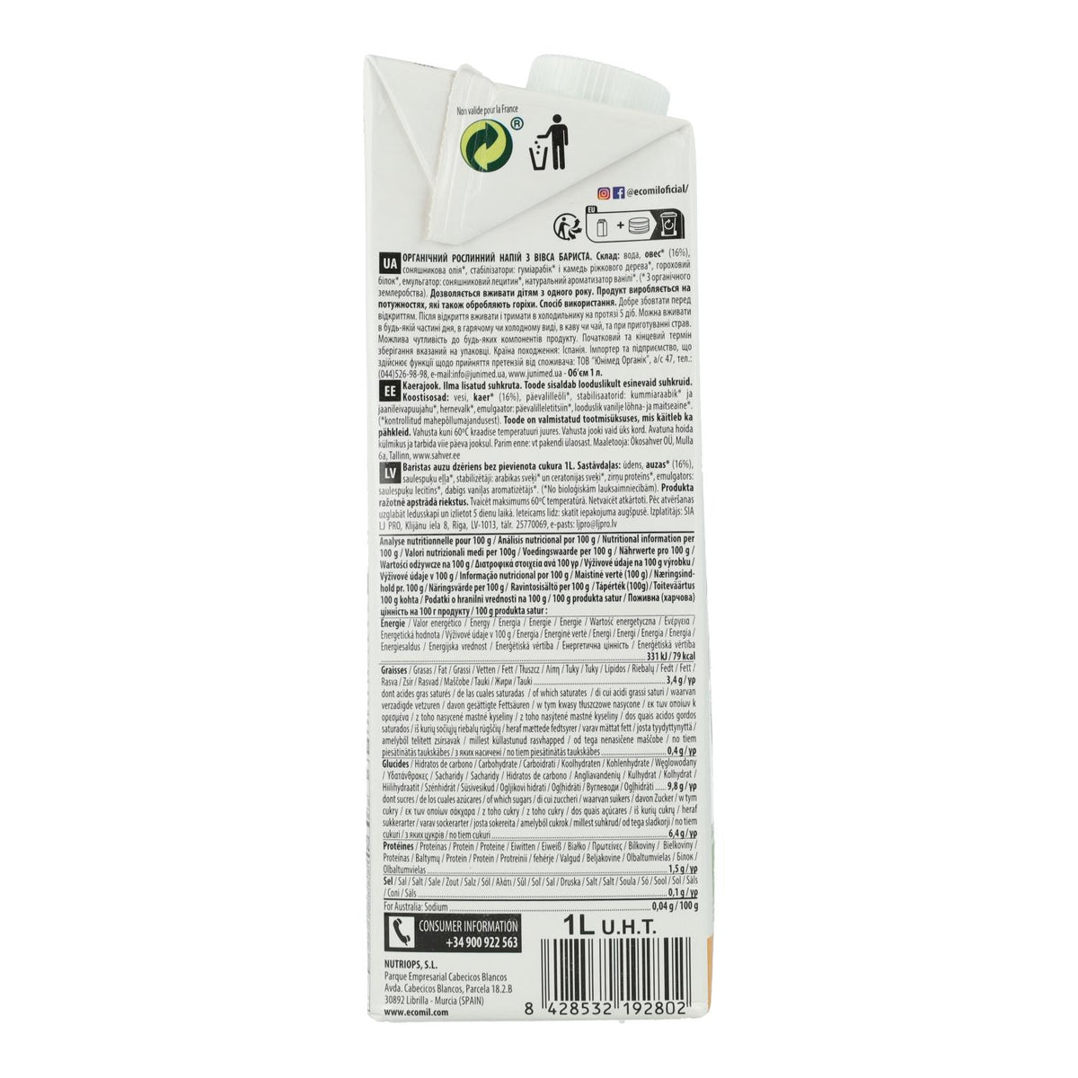 Bebida vegetal Barista Avena BIO EcoMil 1 L