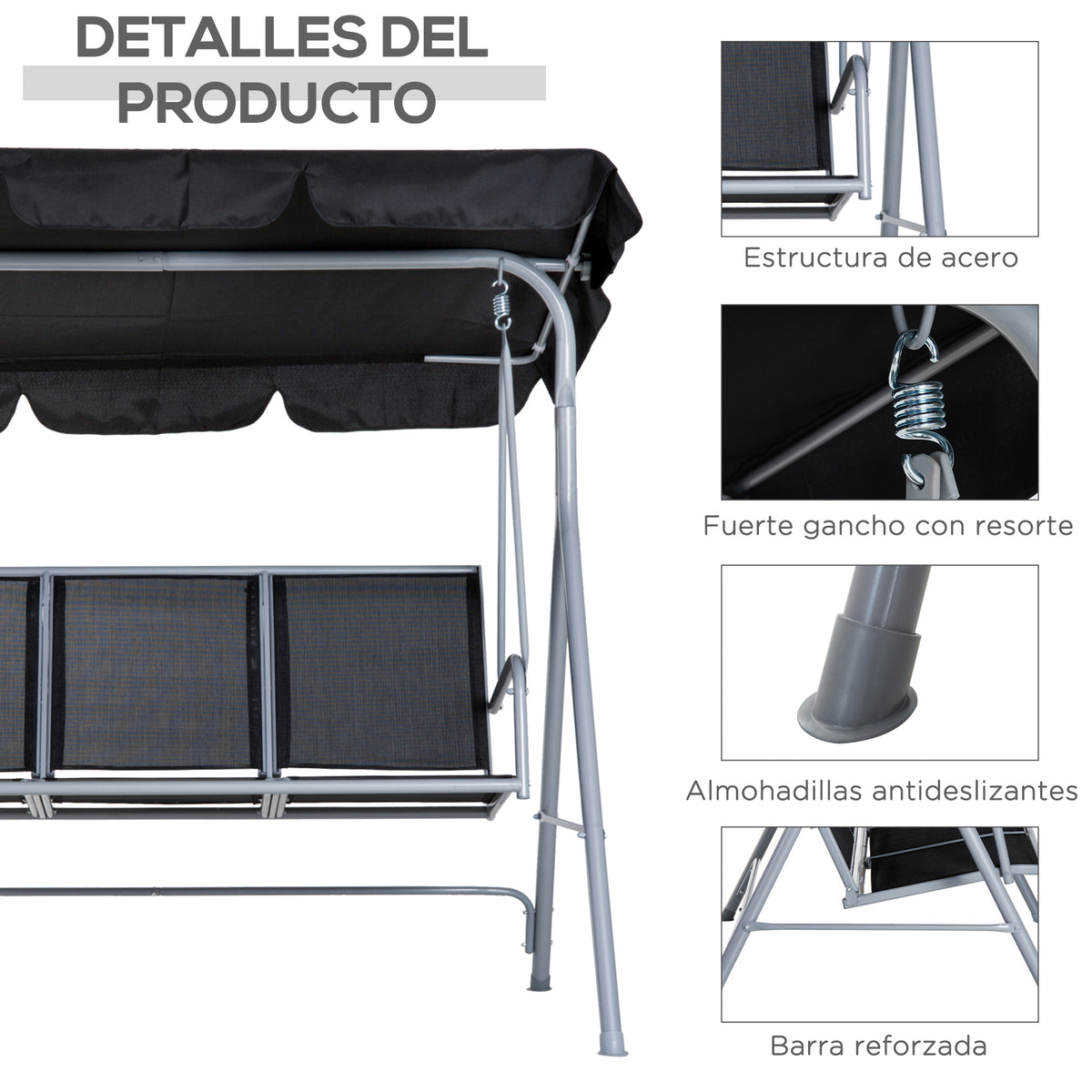 Outsunny Columpio Balancín Jardín De 3 Plazas Con Toldo Ajustable Terraza Negro_5