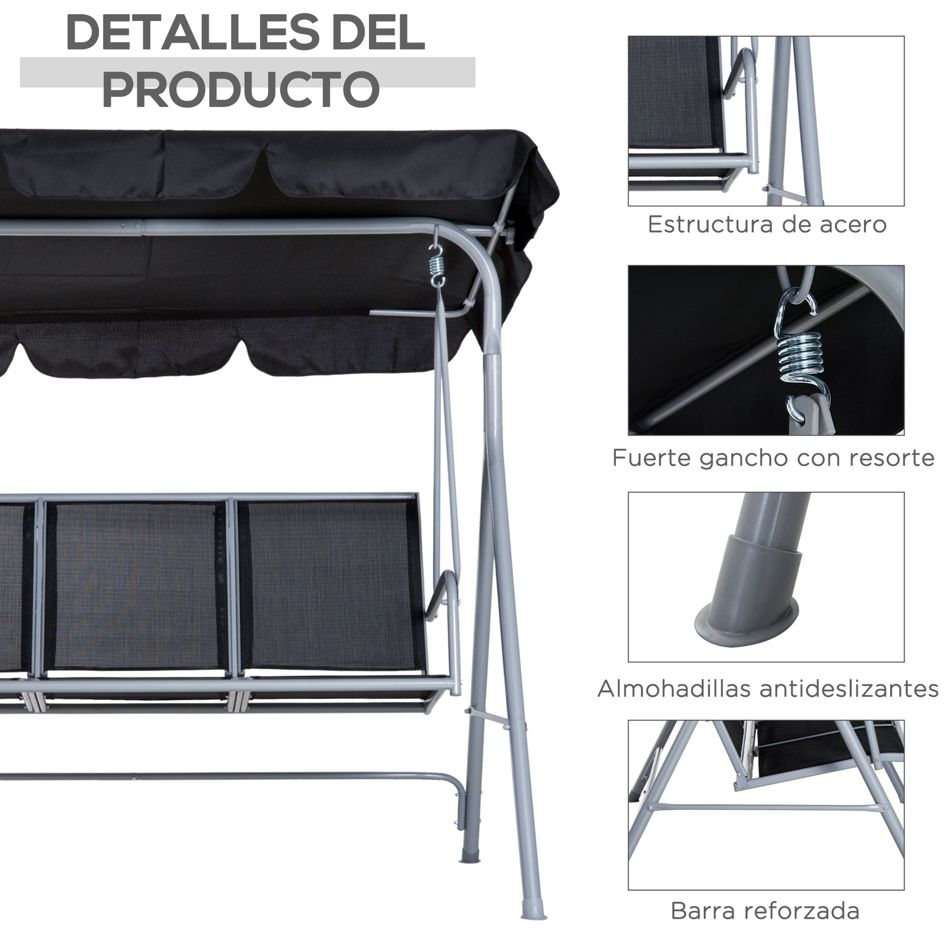 Outsunny Columpio Balancín Jardín De 3 Plazas Con Toldo Ajustable Terraza Negro_5