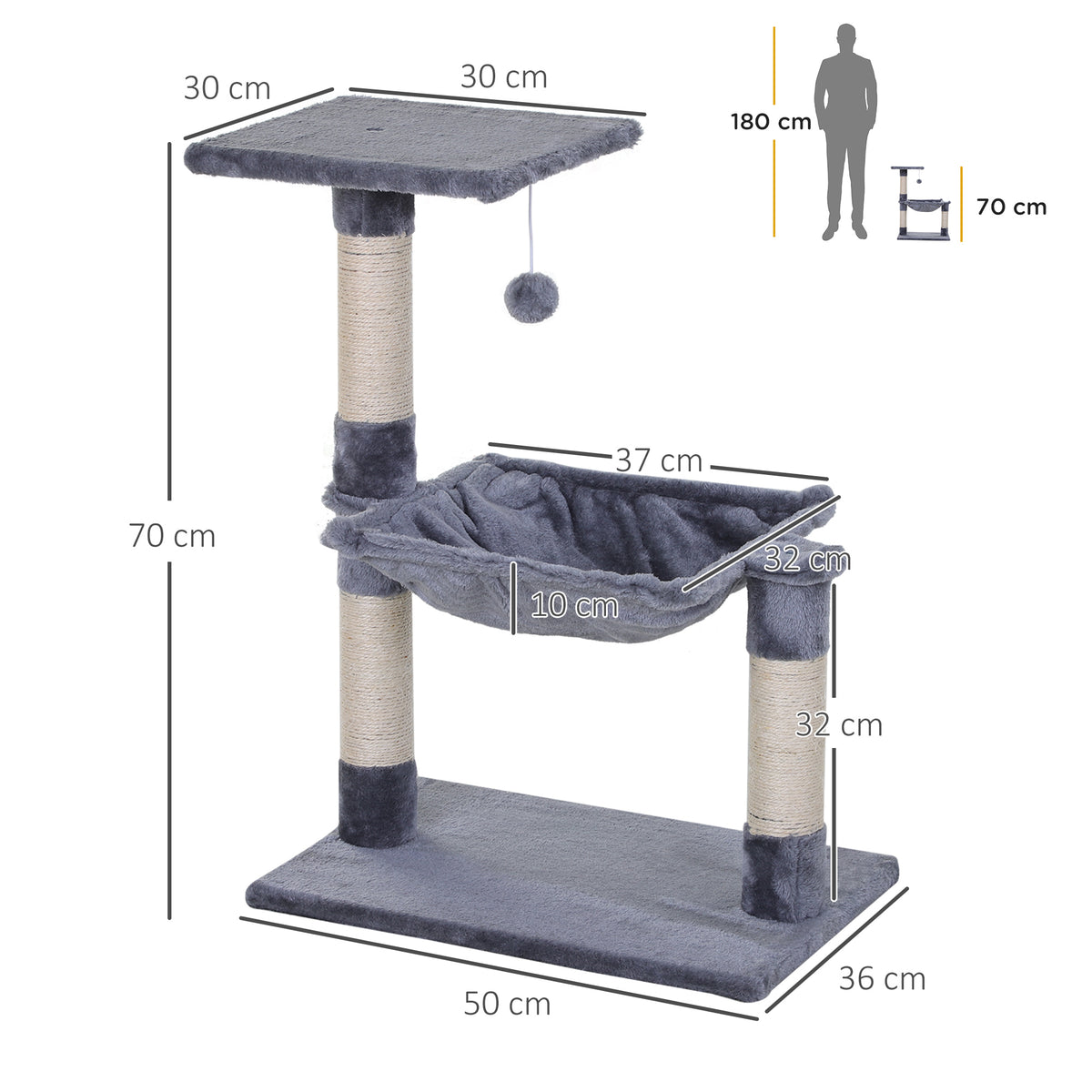 Pawhut Árbol Rascador Para Gatos 50x36x70 Cm Con Hamaca Plataforma Bola Gris_2