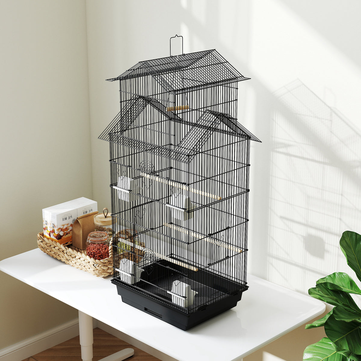 Pawhut Jaula Para Pájaros De Acero Con Comederos Perchas 50,5x41x104 Cm Negro_1