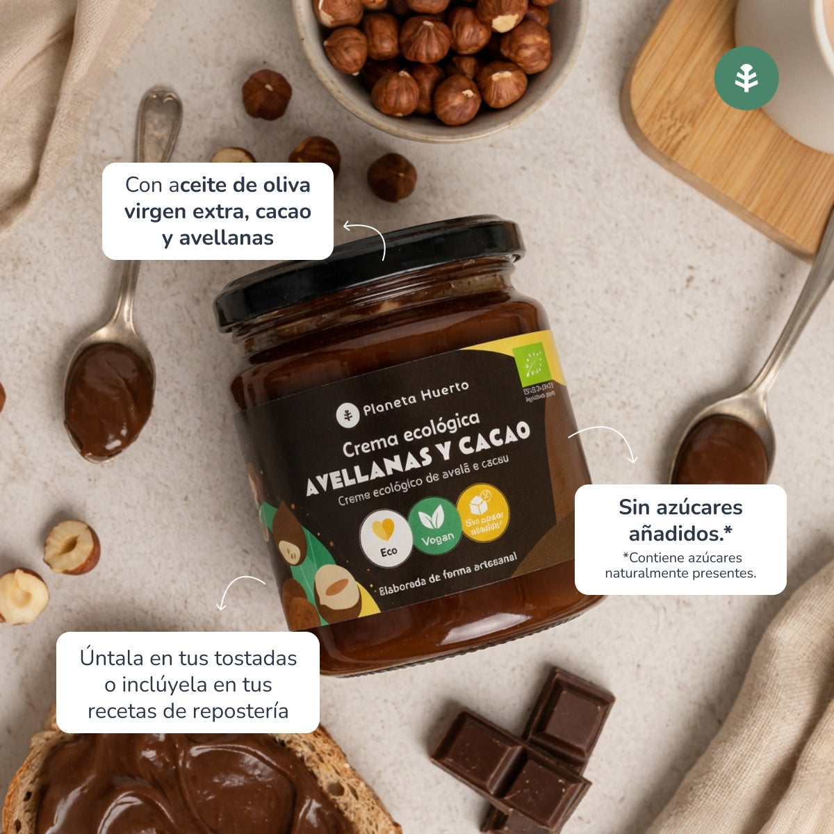 Crema de avellanas y cacao sin azúcares añadidos ECO Planeta Huerto 230 g