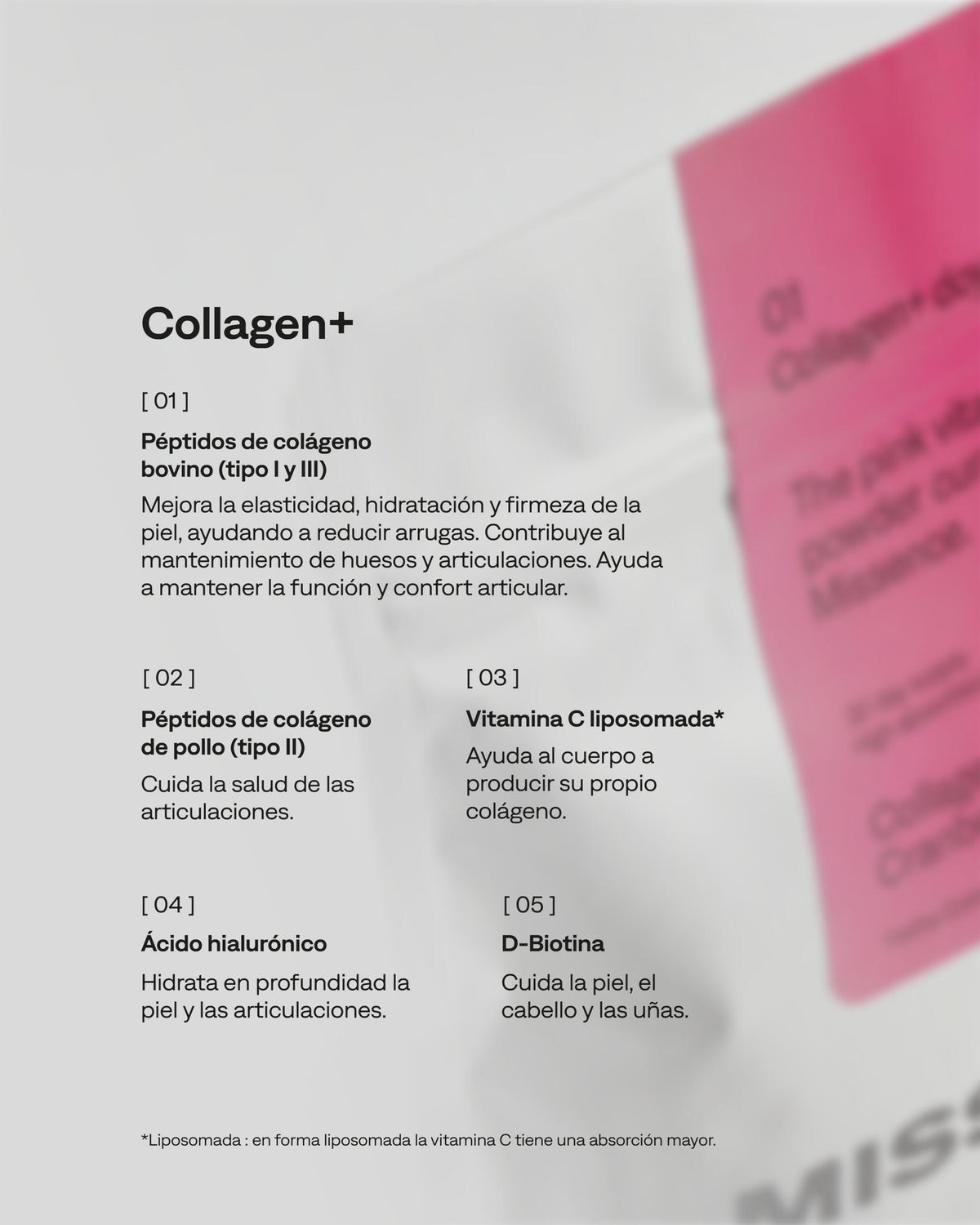 Colágeno multicomplejo con péptidos bovinos y aviares, vitamina C liposomal, ácido hialurónico y biotina 30 dosis_3