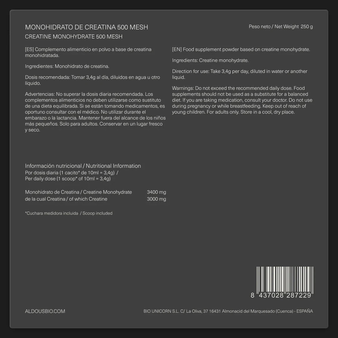 Etiquetado Creatina Monohidratada 500 Mesh 250 g Aldous Bio