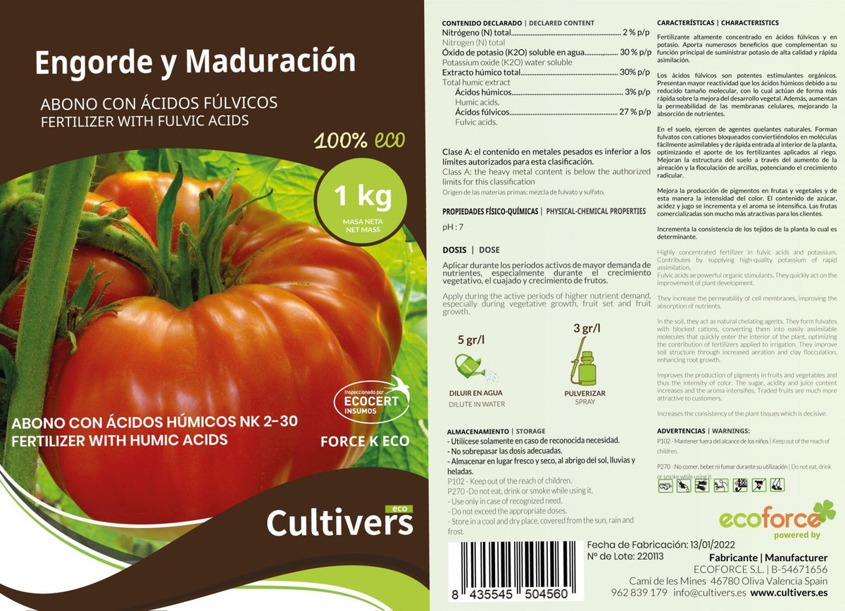 Cultivers Abono Engorde Y Maduración Ecológico 250 G. Fertilizante Potasio Quelatado Con Ph Neutro Para El Aumento…_3