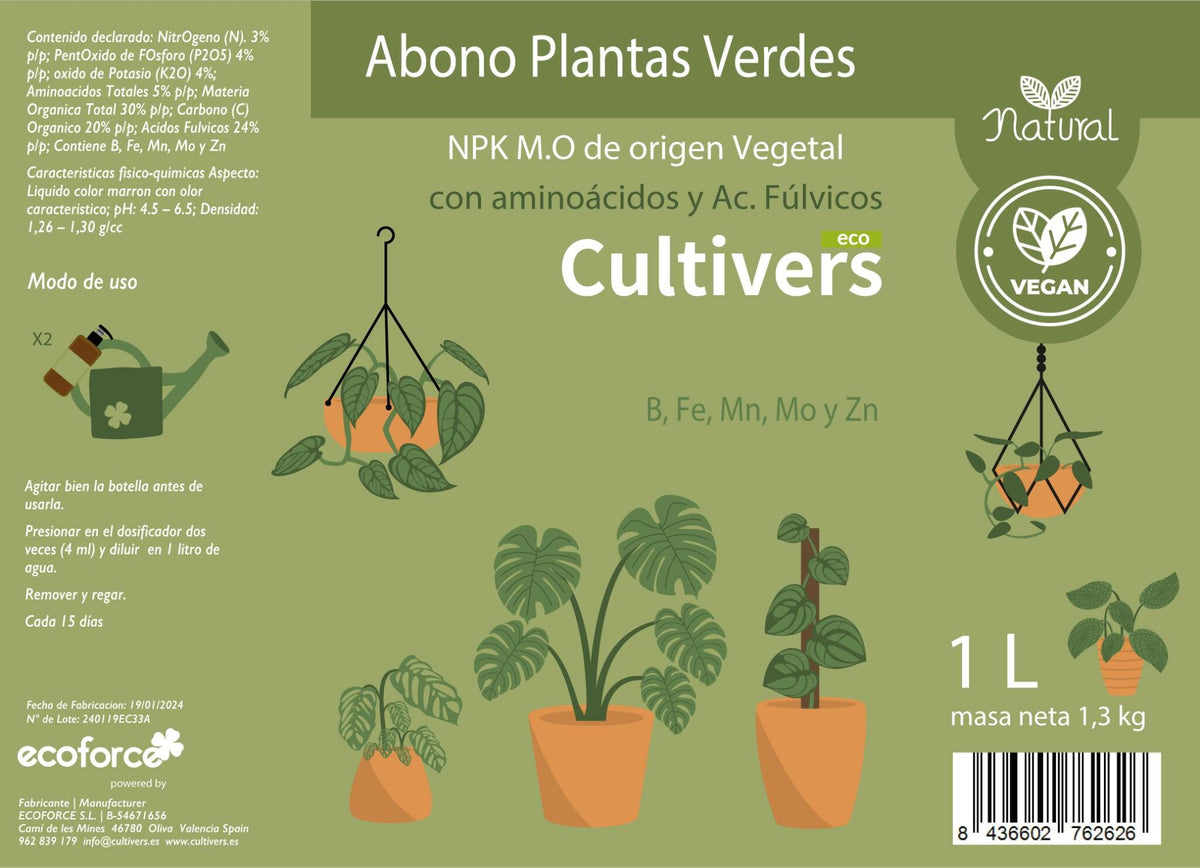 Cultivers Abono Plantas Verdes Líquido 1 L Para Interior Y Exterior Npk 3-4-4 Con Aminoácidos Y Ácidos Fúlvicos |…_3