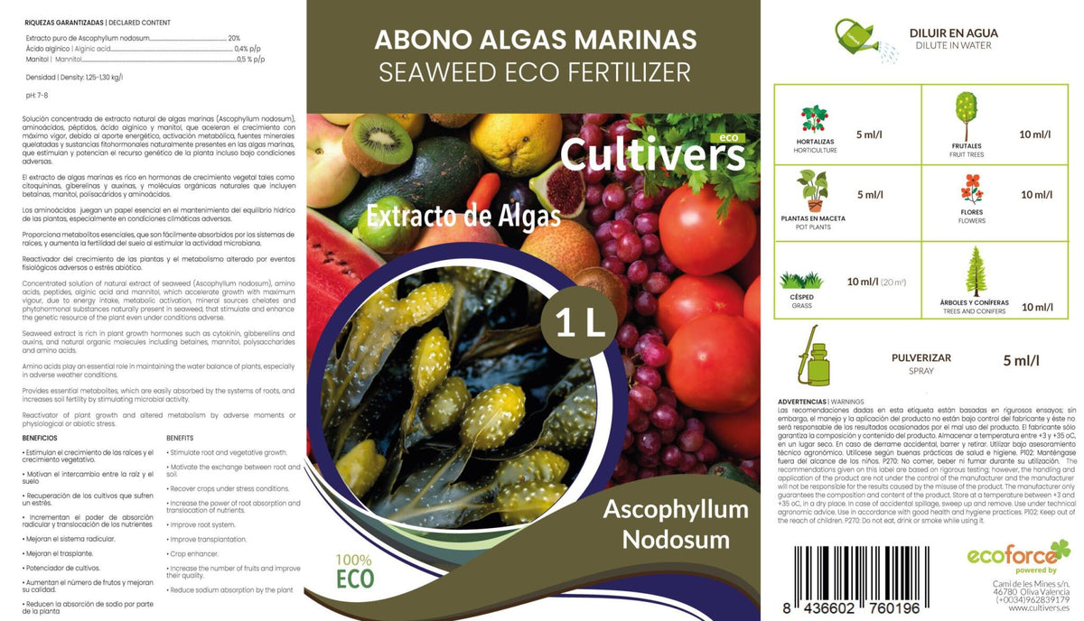 Cultivers Fertilizante Algas Marinas Líquido 5 L. Abono Orgánico Para Plantas Extracto De Ascophyllum Nodosum…_1