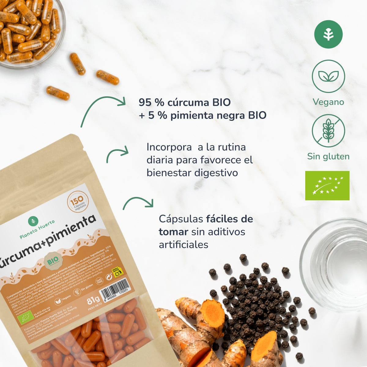 Cúrcuma + Pimienta BIO Planeta Huerto 150 cápsulas