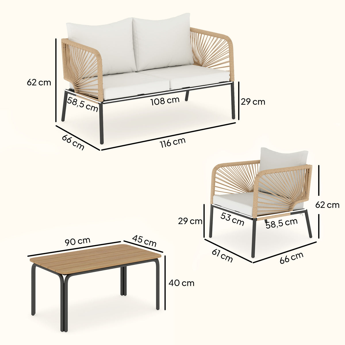 Outsunny Conjunto Jardín Exterior De 4 Piezas Sofá 2 Plazas 2 Sillones Mesa Wpc_2