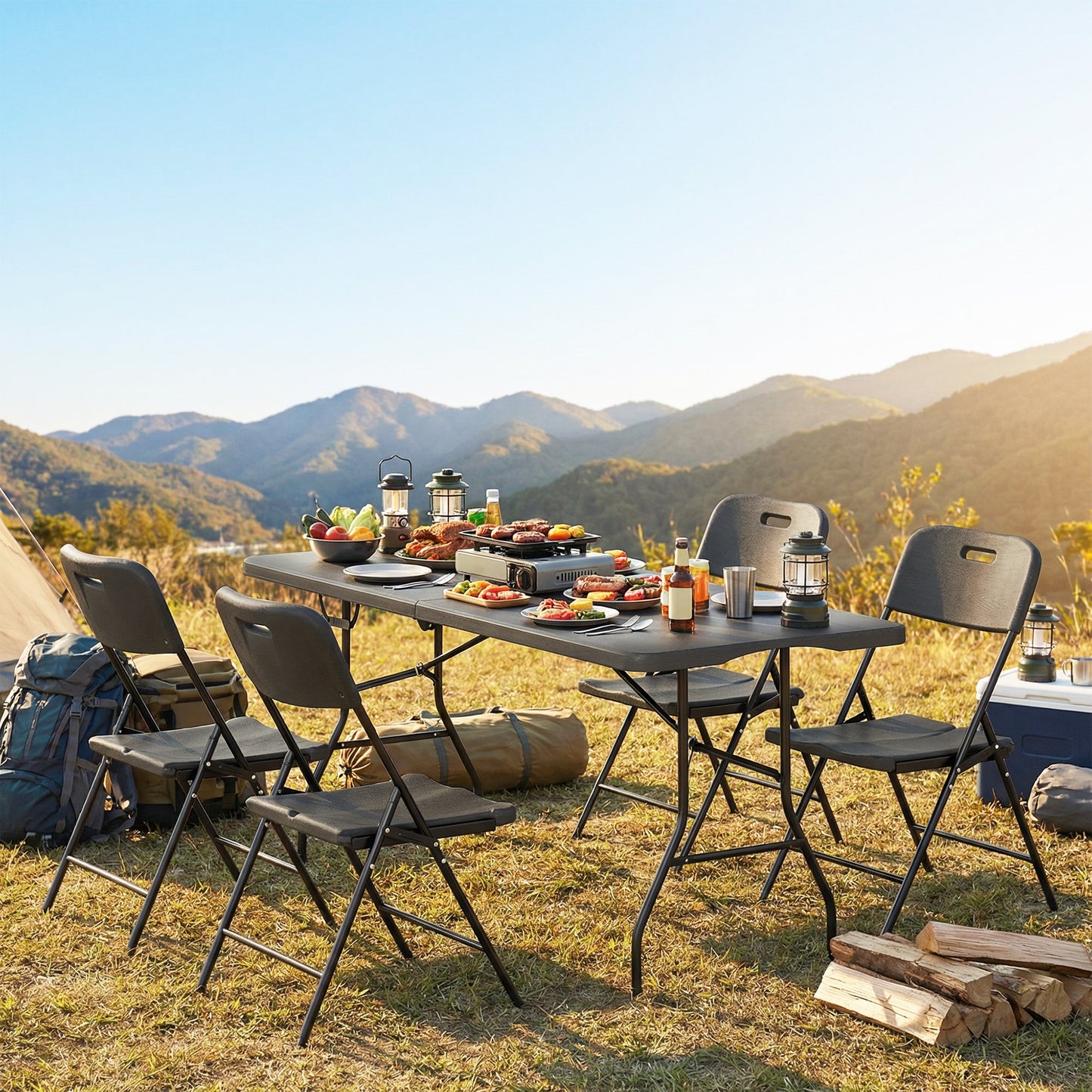 Outsunny Conjunto De Camping Plegable Con Mesa Y 4 Sillas Negro_1