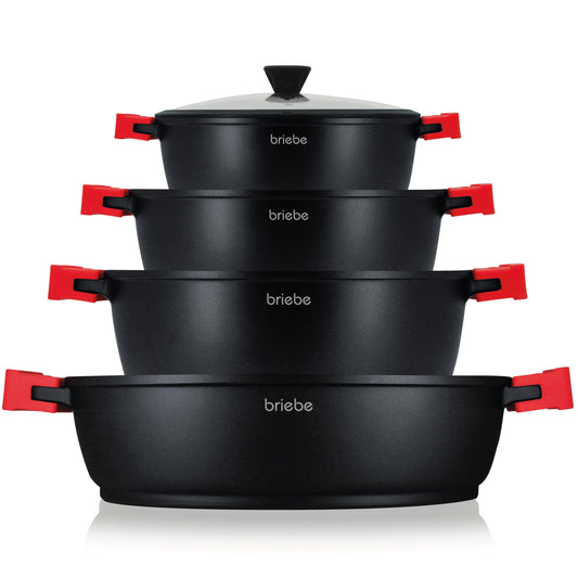 Briebe Batería Cocina Inducción Antiadherente Titanio, 8 Piezas Aluminio Fundido 4 Ollas Sin Pfoa Tapa, Blackt4b, Negro_0