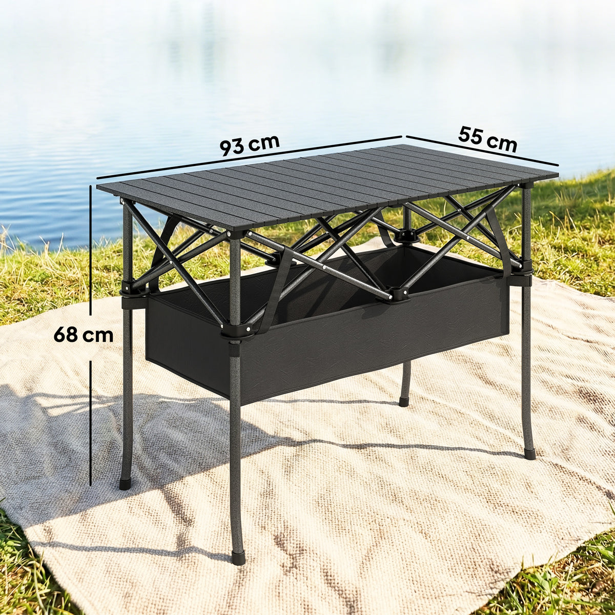Outsunny Mesa Plegable Camping 93x55x68 Cm Con Red De Almacenamiento Negro_2