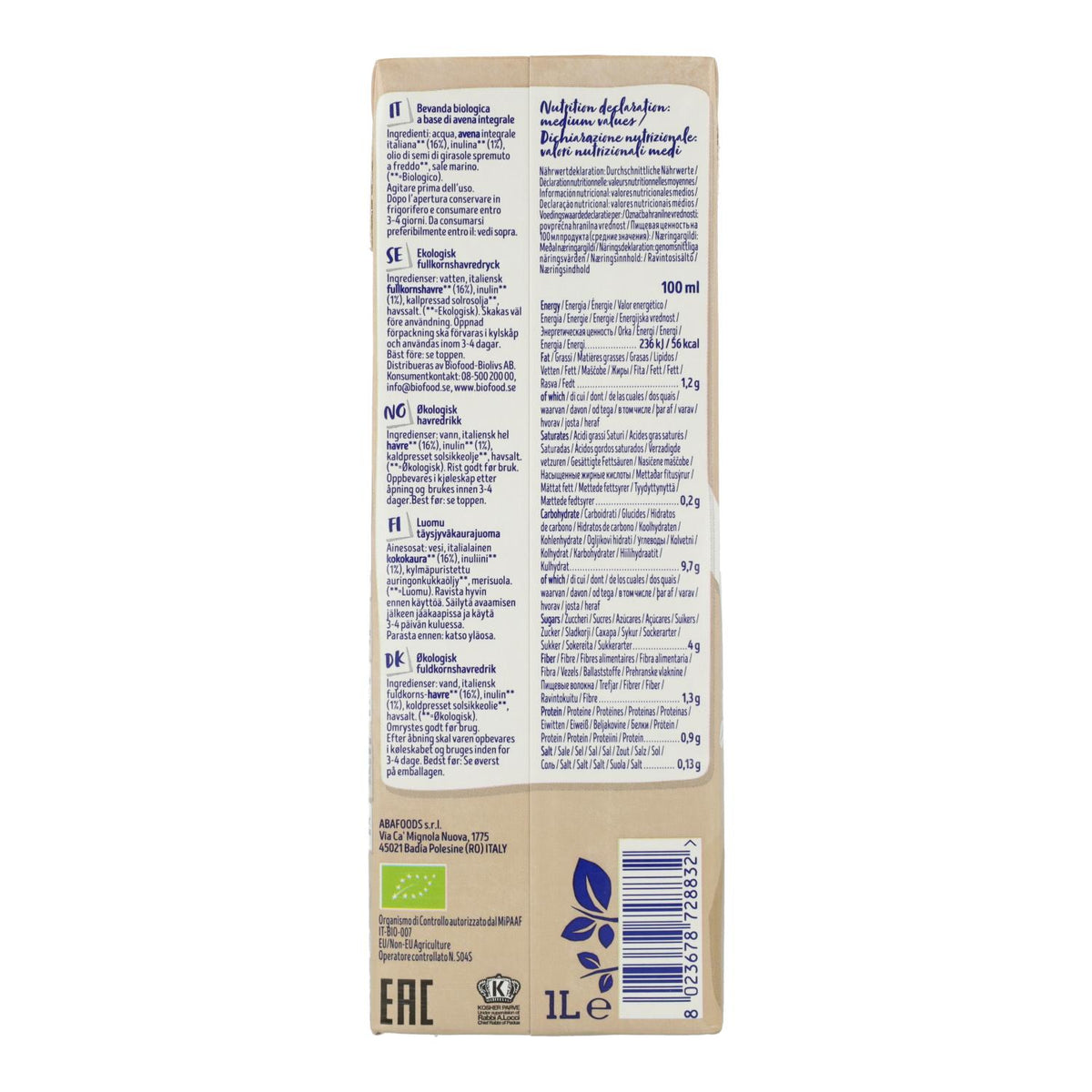Bebida de Avena Barista BIO Isola Bio, 1L