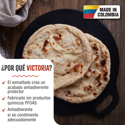 Victoria Plancha Cocina Hierro Fundido Esmaltado Inducción Budare 38cm Pizza, Crepes Para Fuego, Horno, 38526, Negro_1