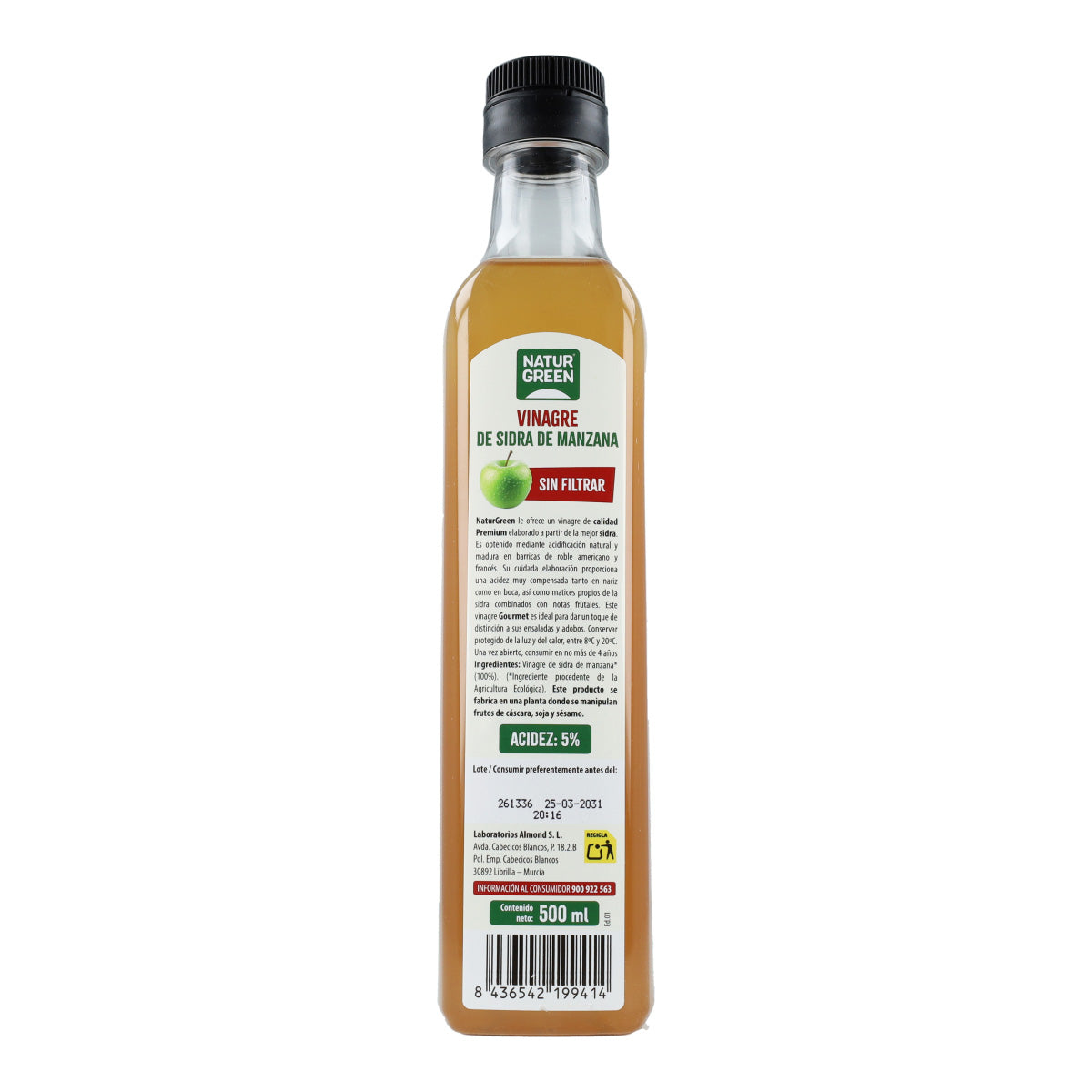 Vinagre de Sidra de manzana Bio Sin Filtrar envase PET NaturGreen 500 ml