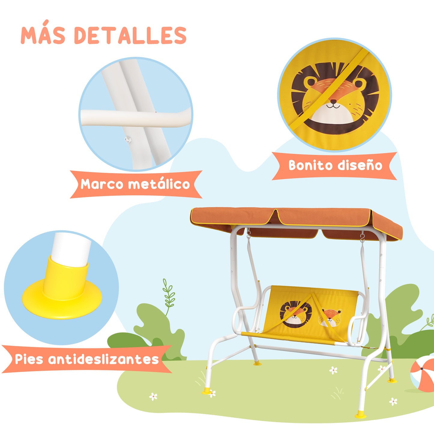 Outsunny Columpio De Jardín Infantil Con Patrón De León 110x70x110 Cm Amarillo_5