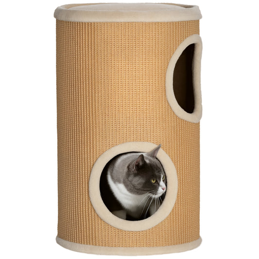 Pawhut Barril Rascador Para Gatos Con 2 Cuevas Y Cubierta De Sisal Ø35x60 Cm_0