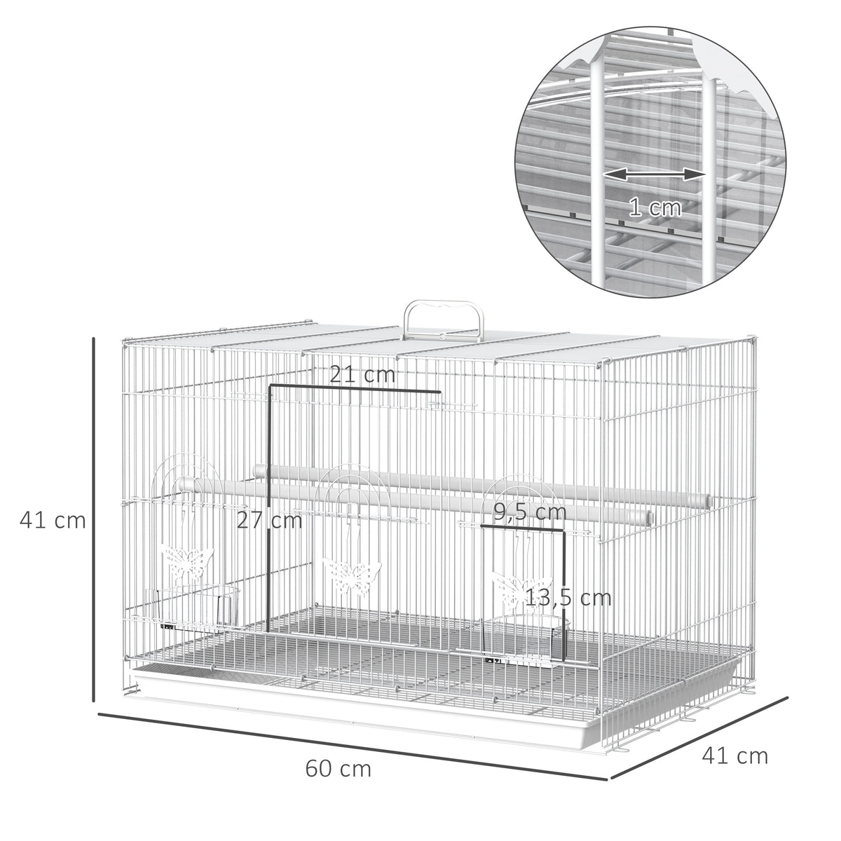 Pawhut Jaula Para Pájaros De Metal 60x41x41 Cm Con Comederos Y 2 Perchas Blanco_2