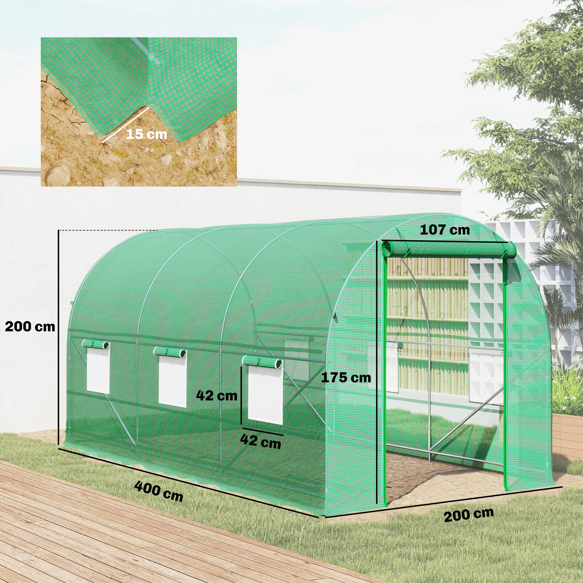 Outsunny Invernadero Túnel 400x200x200cm Con 6 Ventanas Cultivo Plantas Verde_2
